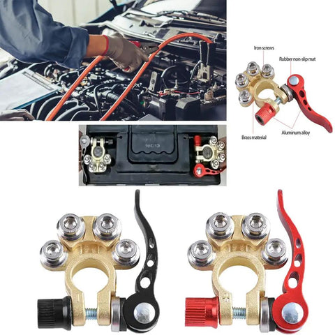 Battery Terminal Connectors 2 Pack 4 Way Quick Disconnect Release for Auto and Marine Use Heavy Duty Top Post Clamps in use