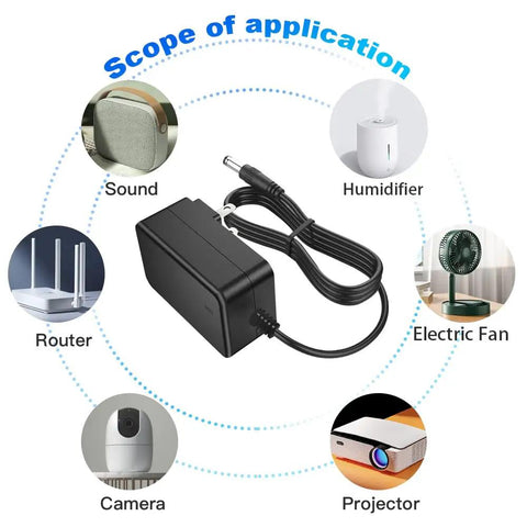 12V DC Power Supply Adapter 2.5A 30W with plug for electronic devices, surrounded by icons for sound, humidifier, fan, router, camera, projector