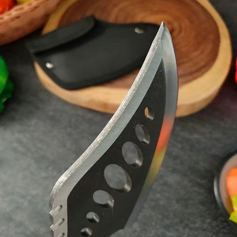Close-up of the blade of Beast Fixed Blade Axe Knife With Saw Back And Sheath, showing saw-back teeth and black sheath nearby.
