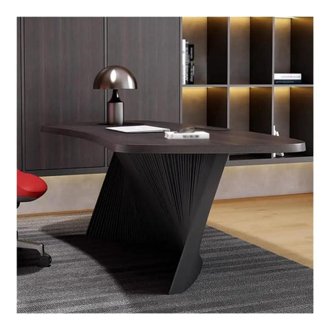 Rock Solid Adjustable Sit Stand Desk With Integrated Charging Outlets And Sculpted Wave Base For Heavy Duty Home Office and Gaming Workspace, black wood finish.