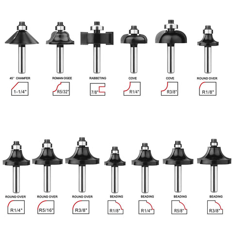 Router Bit Set One Quarter Inch Shank 30 Piece Tungsten Carbide Bits with various profiles for woodworking and craft jobs