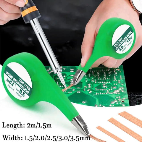 Low Residue No Clean Desoldering Wick Braid 2mm Width 2m Length with thumb wheel dispenser shown on PCB with soldering iron