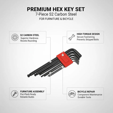 Rock Solid Seven Piece S2 Carbon Steel Hex Key Set Perfect For Assembling Any Furniture Or Fixing Your Ride Without Rounding Out Bolts Or Stripping Screws During Toughest Tightening Sessions, 7-piece hex wrenches