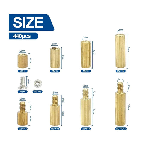 Knurled Round Brass Standoff Spacer Kit Dope 420 Or 440 Pieces M2 Male Female Mounting Hardware With Screws Nuts For Motherboard PCB Projects Precise Durable Spacing And Solid Mounting. 440pcs M2 brass spacers and screws set, 2mm thread, 4-10mm lengths
