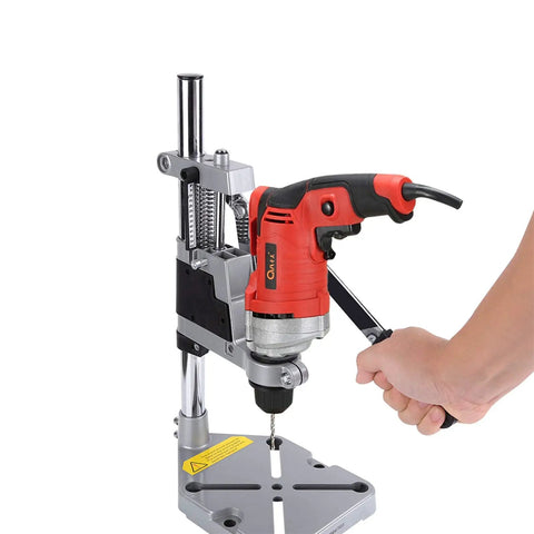 Universal Drill Press Stand For Hand Drills Adjustable Benchtop Clamp Mount with drill attached on aluminum base