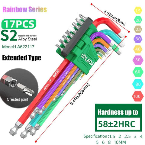 Check Out This Sick Extra Long Ball End Allen Wrench Set Covering 1.5 To 10mm Metric Hex Keys With S2 Steel Tough Build For Biking Auto Repair And Deep Hole Diy Projects That Get You Out Of Any Tight Spot Easily With Precision Colors. 17-piece rainbow S2 steel ball-end hex key set, 1.5-10mm, extended type