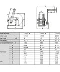Heavy Duty Hand Crank Winch Featuring Dual Ratchet Brake And Precision Bearing Drivetrain with detailed dimensional drawing.