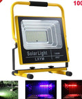 Spot Lighting 100W Rechargeable Led Work Light Portable Floodlight 600,，，showing a 100W solar LED light with a metal frame and various beam colors.
