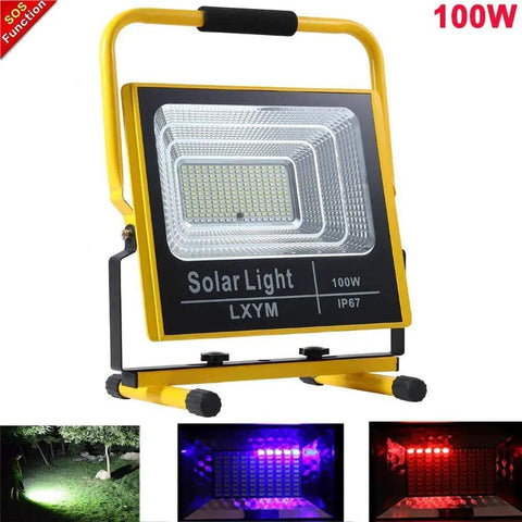 Spot Lighting 100W Rechargeable Led Work Light Portable Floodlight 600,，，showing a 100W solar LED light with a metal frame and various beam colors.