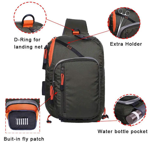 Front view of Fly Fishing Sling Pack For Quick Access Tackle Storage Shoulder Bag With Adjustable Padded Straps Army Green