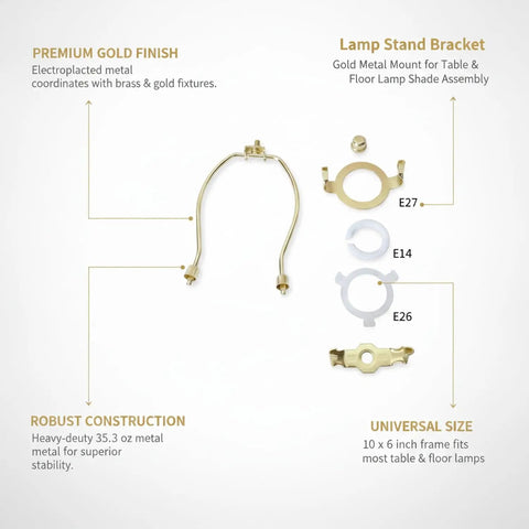Gold Metal Lamp Stand Bracket Set With Horn Style Mount And Adapters For Table And Floor Lamps, Easy Shade Assembly