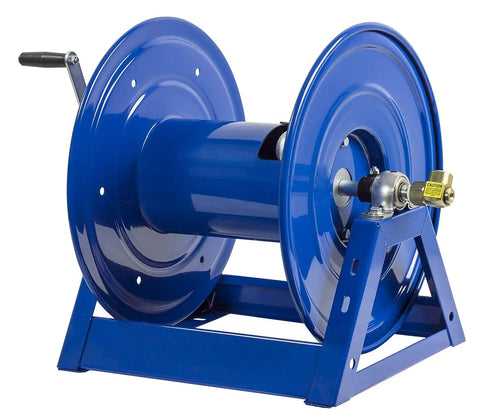 Heavy Duty Hand Crank Steel Hose Reel 1125-4-200 Series, Built Tough 1/2 Inch By 200 Feet, 3000 PSI, All Welded Steel A Frame, in blue.