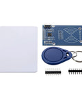 Mifare RC522 RFID 6 Piece Kit with card sensor module, S50 blank card, blue keychain, and connectors for Arduino and Raspberry Pi DIY projects