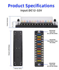 Hella Tough 12 Way ATC ATO Blade Fuse Block Panel with detailed dimensions and mounting options for trucks RV marine use.