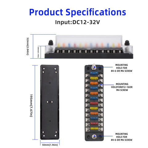 Hella Tough 12 Way ATC ATO Blade Fuse Block Panel with detailed dimensions and mounting options for trucks RV marine use.