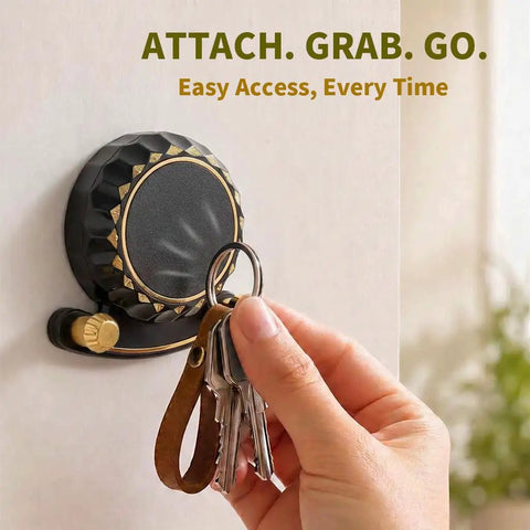 Tough As Nails Two In One Self Adhesive Magnetic Wall Hooks With Heavy Duty Grip No Drill Mount For Clutter Free Kitchen Organization And Safe Metal Storage, black hook holding keys on a smooth wall.