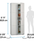 White Finish Double Door Storage Cabinet With Adjustable Shelves For Pantry Kitchen Or Home Office as illustrated with measurements.