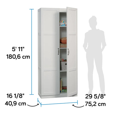 White Finish Double Door Storage Cabinet With Adjustable Shelves For Pantry Kitchen Or Home Office as illustrated with measurements.