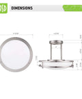 Dimensions of Cool Modern Steel Round Semi Flush Mount LED Ceiling Light Fixture, 12 Inch, 15W 120V, ETL Listed, Nickel Finish