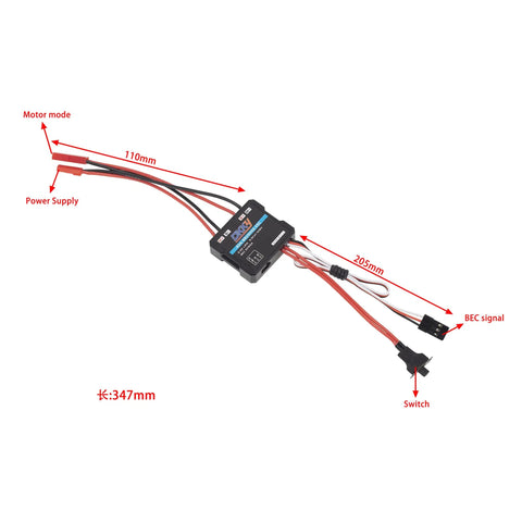 Diagram of Brushed RC ESC 40A Speed Controller for 1/16, 1/18, 1/24 crawlers AX24 FCX24 with labeled dimensions and wiring paths