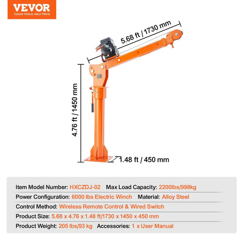 Electric Pickup Truck Crane With 6000 Lb Winch 12V Bed Mounted Folding Jib Hoist Steel Construction 360 Degree Swivel Built To Haul Heavy Lifting For Construction And Factory Jobs, shown with dimensions and specs, in orange alloy steel.