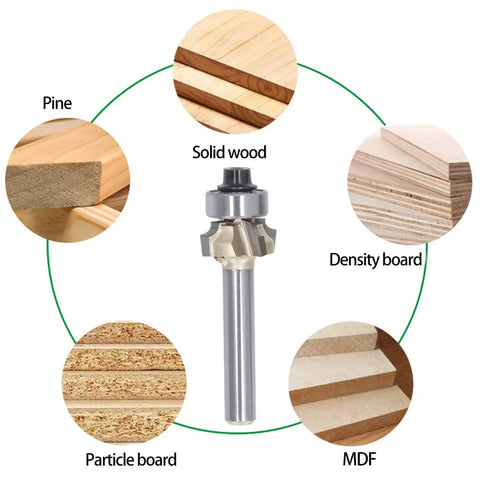 Durable Round Over Router Bit Set With 4 Inch Shanks And Four Flutes showing compatibility with various wood types.