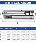 Heavy Duty Cable Pulling Swivel Forged Alloy Steel 360 Degree Bearing Link size and load options chart.