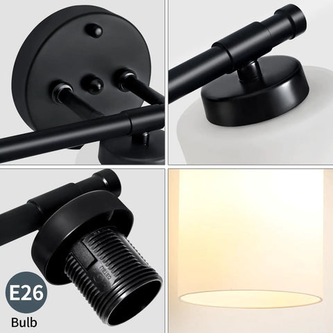 Detailed view of Three Light Matte Black Vanity Lights Over Mirror with Milk White Glass Shades showing E26 bulb socket and fixture