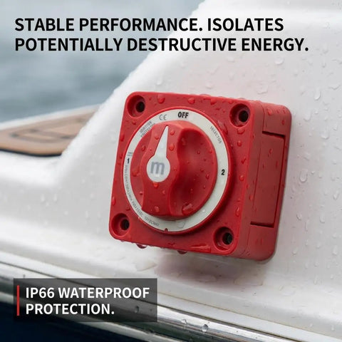 300A 3 Position Battery Switch For Marine And RV Power Disconnect Isolator With Dual Circuit Control, installed on boat deck