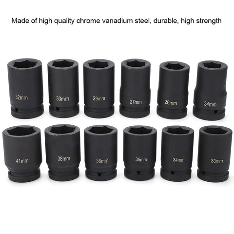 Top Tier Deep Impact Socket Set 12Pcs In 1 Inch Drive Size With Massive 24-41Mm Range And Heavy Duty Build Perfect For Pros And DIY Mechanics Looking For Serious Power And Storage On The Go, chrome vanadium steel sockets shown by size