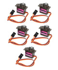 5 Pack Heavy Duty 9g Micro Servo Motor Featuring Upgraded Metal Gears And Double Ball Bearings For Rc Trucks Boats Helicopters And Crawlers Built Like A Tank With Kickass Torque And Zero Lag, showcasing compact servos with wires.
