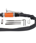 Heavy Duty Air Reciprocating File With Three Tungsten Burrs For Slick Deburring And Fast Precision Cutting At 6300 SPM, accessories included, black rubber hose.