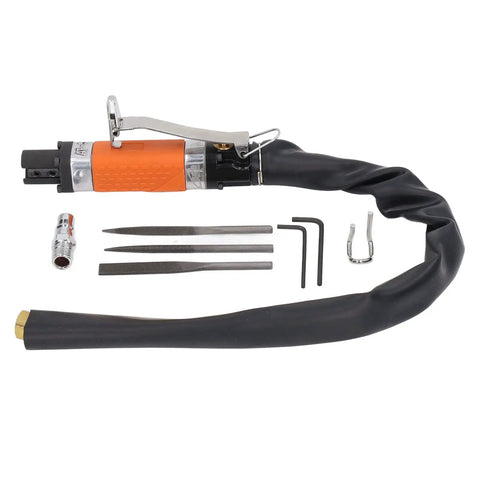 Heavy Duty Air Reciprocating File With Three Tungsten Burrs For Slick Deburring And Fast Precision Cutting At 6300 SPM, accessories included, black rubber hose.