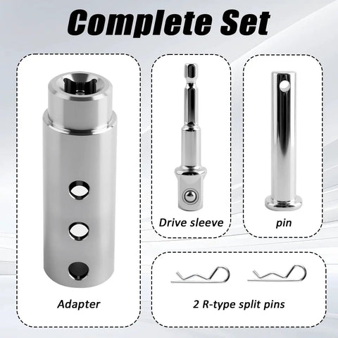 Heavy Duty Trailer Jack Drill Adapter For RV And Camper includes adapter, drive sleeve, pin, and two R-type split pins.