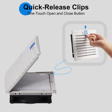 Quick-release clips shown for easy access on 150X150Mm Cabinet Ventilator Kit With 120X25Mm Cooling Fan and Variable Speed Control.