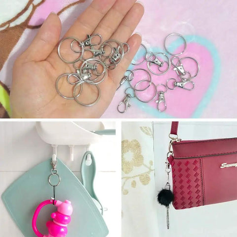 100 Pcs Keychain Hooks With Key Rings And 360 Degree Swivel Lobster Claw Clasps For Keychains on hand, hanging, attached to purse