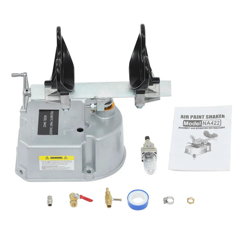 Solid As A Rock Air Operated Paint Shaker Heavy Duty Adjustable Clamp Agitator Mixer with accessories for paint mixing.