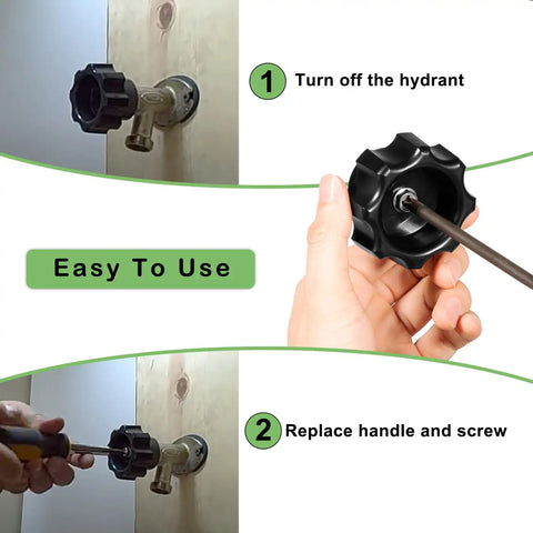 Wall Hydrant Handle Kit For Mansfield 300 400 500 Series Outdoor Faucets With Frost Proof Wheel Grip And Screw shown with installation steps.