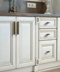 Vintage style kitchen with Six Pack Antique Brass Finger Pulls For Cabinets And Drawers, Solid Zinc Alloy Hardware with 3-3/4 Inch Hole Center.