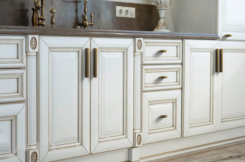Vintage style kitchen with Six Pack Antique Brass Finger Pulls For Cabinets And Drawers, Solid Zinc Alloy Hardware with 3-3/4 Inch Hole Center.