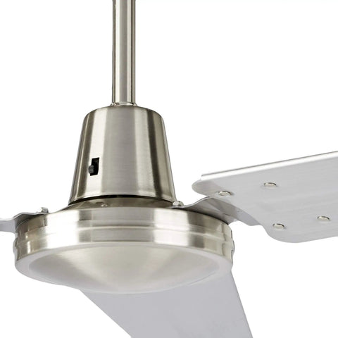 Detail of 56-Inch Industrial Style Ceiling Fan with Brushed Nickel Finish, three steel blades, highlighting motor area