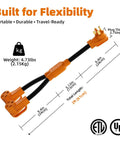 Heavy Duty 50 Amp RV EV Power Splitter Adapter Cord transforms single NEMA 14-50P plug into dual 14-50R outlets, 2ft long.