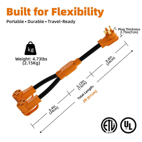 Heavy Duty 50 Amp RV EV Power Splitter Adapter Cord transforms single NEMA 14-50P plug into dual 14-50R outlets, 2ft long.