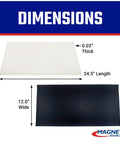 Dimensions of Flexible Magnetic Sheet For DIY Magnets Non Adhesive Cuttable White Vinyl Front Twenty Four Point Five Inch By Twelve Inch For Fridge Magnets Car Signs Dry Erase Boards And Craft Projects One Pack shown.