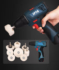 Drill Polishing Wheel Kit With 8 White Flannelette Buffing Mops, 1/4 Inch Hex Shafts, hand holding drill with mop attached.