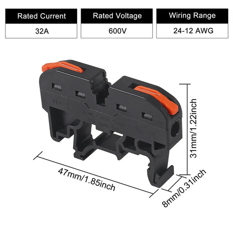 20 Pcs DIN Rail Terminal Blocks Kit With Compact Lever Connectors For 28 12 AWG Wires, dimensions and specifications