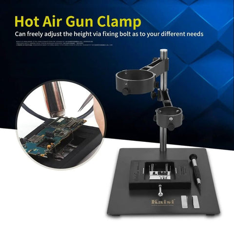 Sturdy Adjustable Hot Air Gun Holder With Cast Aluminum Base Clamp And Two Fixtures For BGA Rework Soldering Station Flexible Desktop Mount For Hands Free Soldering with black design and tool slots, close-up view of circuit board.
