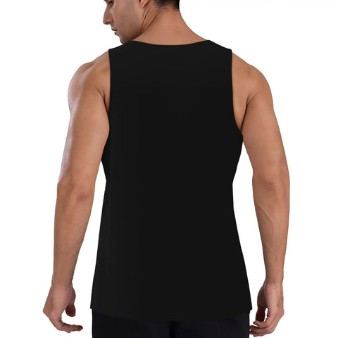 Men's Check Engine Mechanic Workout Tank Top, Black Sleeveless Gym Shirt with a relaxed fit, viewed from the back.