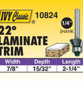 22 Degree Bevel Laminate Trim Router Bit With Shielded Ball Bearing, Carbide Cutter, 1/4 Inch Shank specifications chart