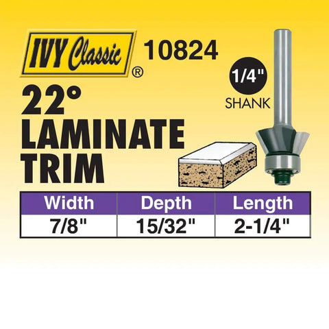 22 Degree Bevel Laminate Trim Router Bit With Shielded Ball Bearing, Carbide Cutter, 1/4 Inch Shank specifications chart